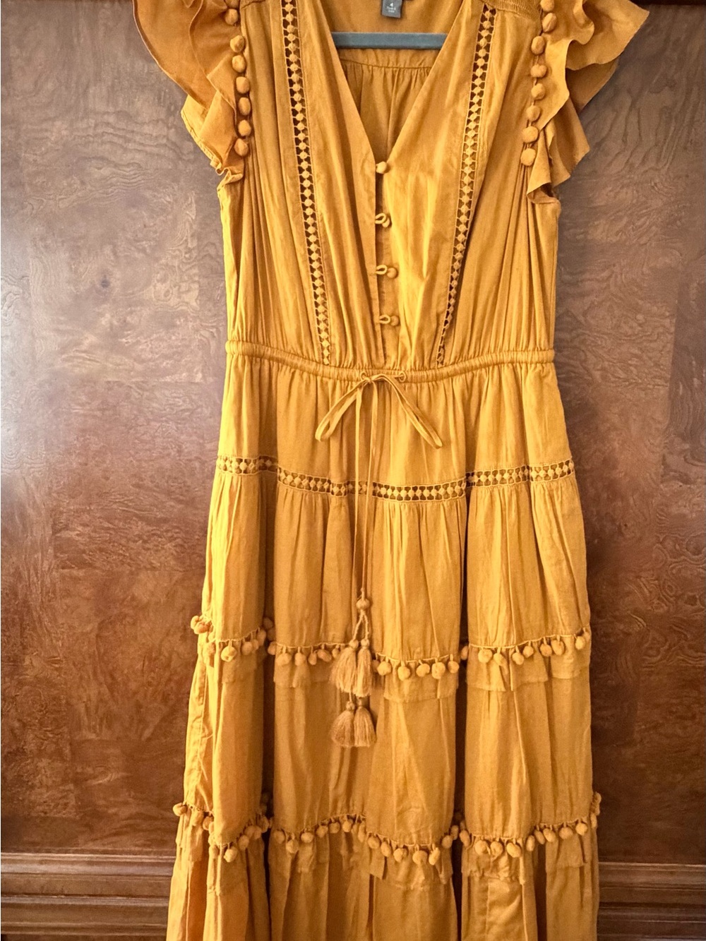 J Crew Mustard Yellow Boho Tassel Maxi Dress size 4
